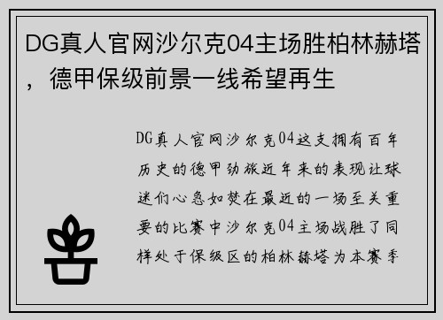 DG真人官网沙尔克04主场胜柏林赫塔，德甲保级前景一线希望再生